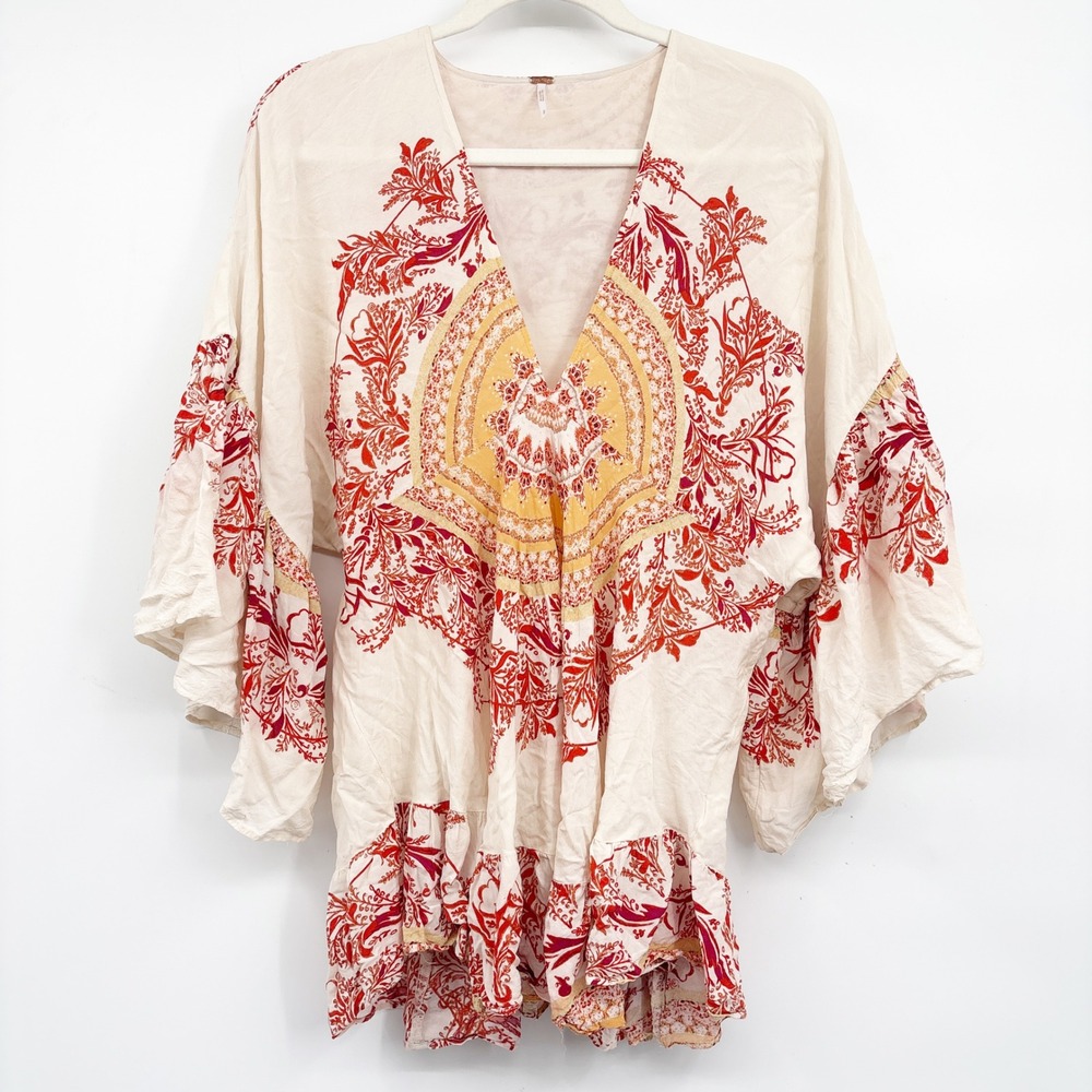 Free People Womens Sunset Dream Printed Boho Hippie Bell Sleeve Tunic Top Size S